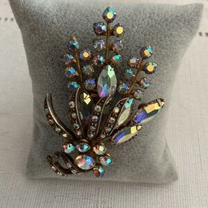Selina Vintage Iridescent Aurora Borealis Rhinestone Gold Tone Brooch